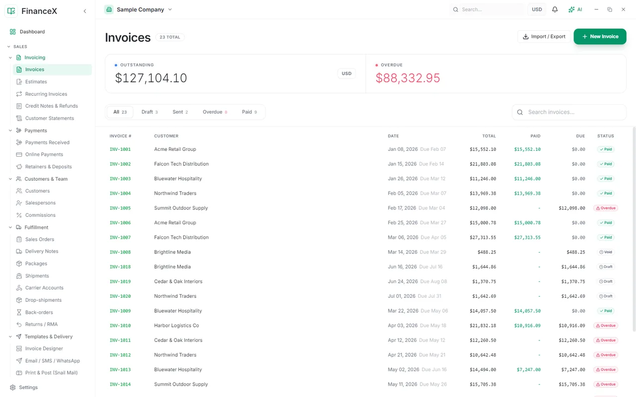 Create, send, and track invoices through every status, with payments applied and polished PDF output.