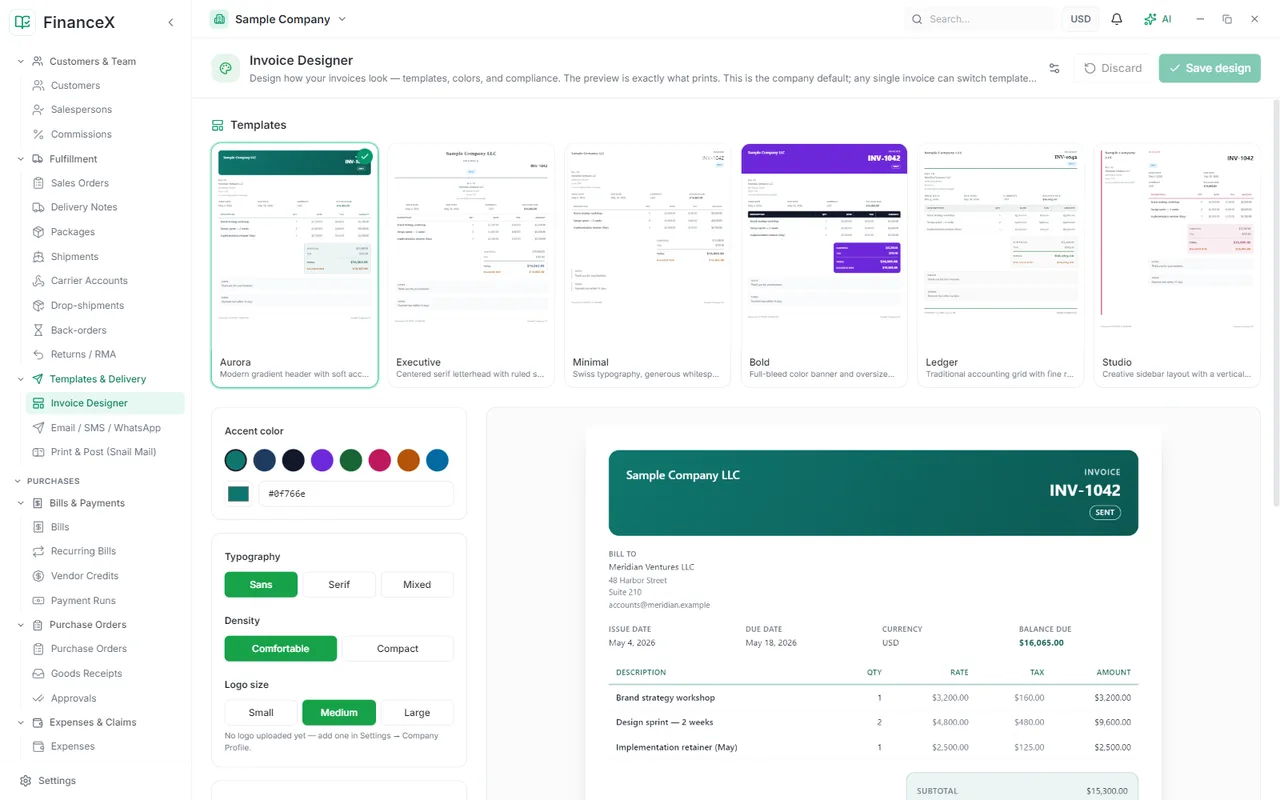 Design invoices visually: your branding, your layout, with a live preview that is exactly what prints.