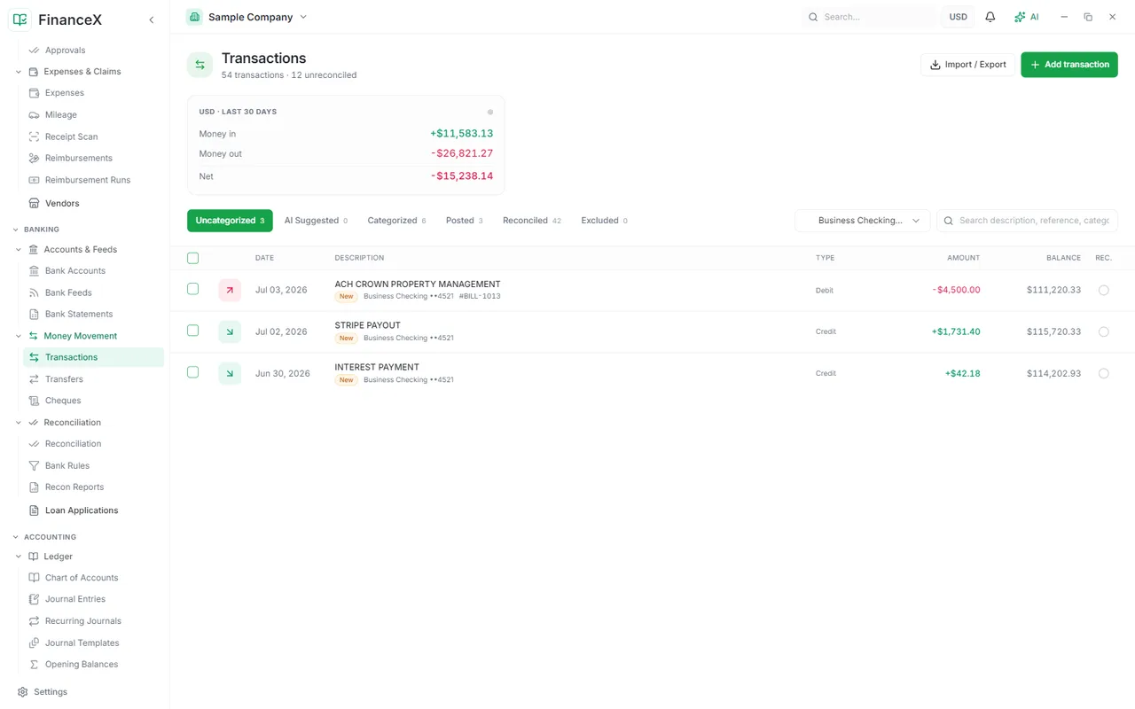 Work the bank transaction ledger with bulk actions and AI category suggestions on every line.