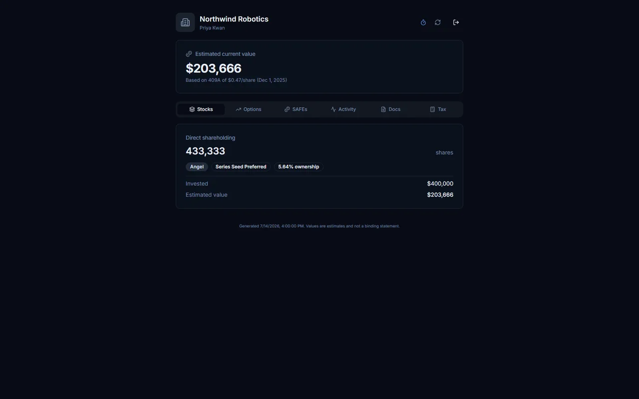 Employees and investors see their own equity at a private, passwordless link. No spreadsheets over email.