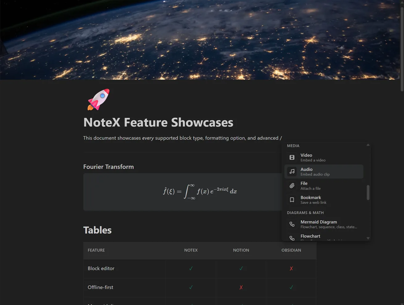 NoteX: a page with a cover image, a rendered LaTeX equation, the block menu open, and a comparison table